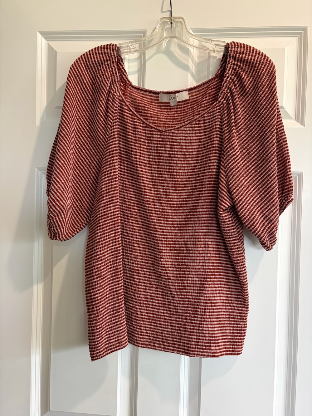 LOFT Red and White Striped Puff-Sleeve Knit Top